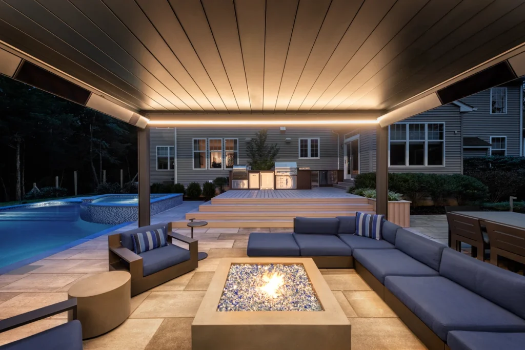 Pérgola Camargue Renson marrón oscuro con chimenea y luz integrada junto a la piscina.